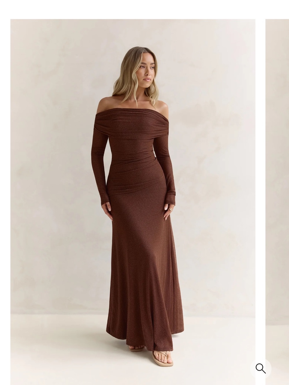 Carmelita Off-Shoulder Long Sleeve Maxi Dress in Chocolate Brown